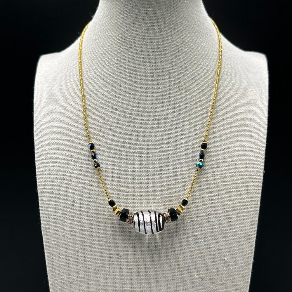 3/$30 Gold Tone Glass Beaded Necklace Striped Focal Bead Artisan Lightweight